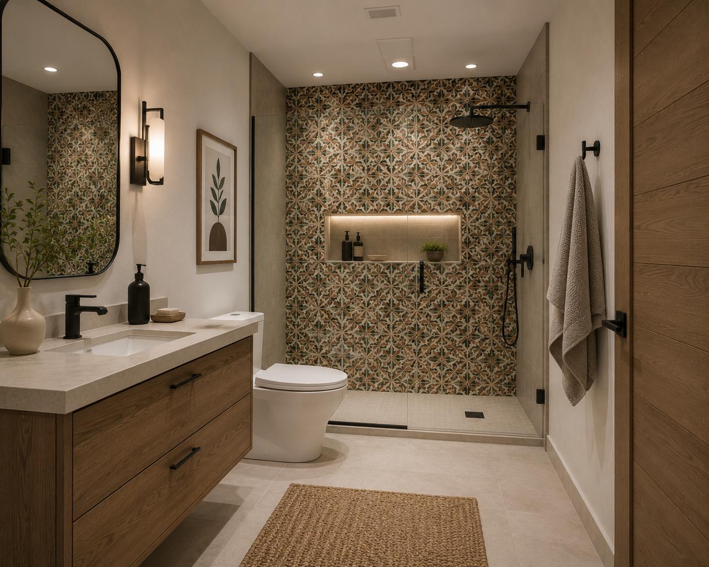 Modern bathroom with Mexican decorative shower tiles, wood vanity, walk-in shower, and warm Mediterranean-inspired interior design
