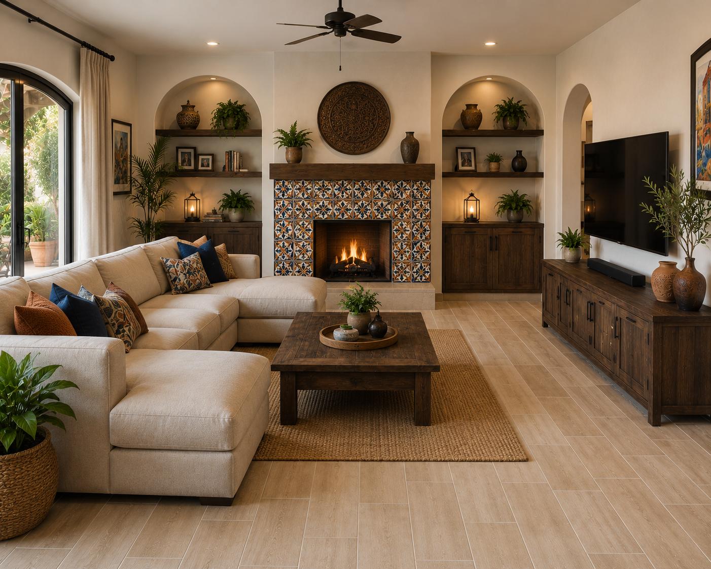 Modern home interior featuring Mexican decorative tiles on fireplace surround with warm Mediterranean-style living room design