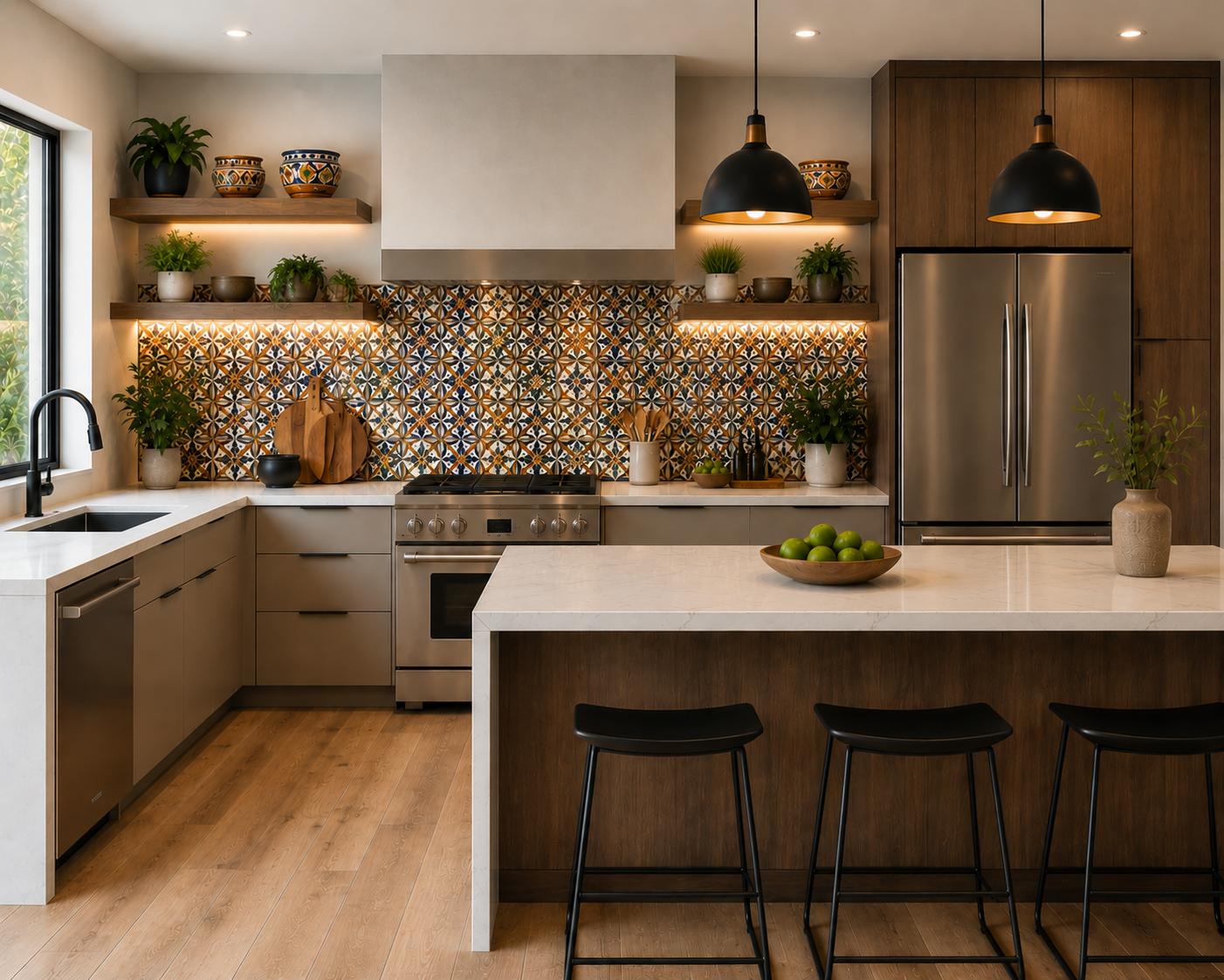Modern kitchen with colorful Mediterranean tile backsplash, wooden cabinets, white island countertop, and stainless steel appliances
