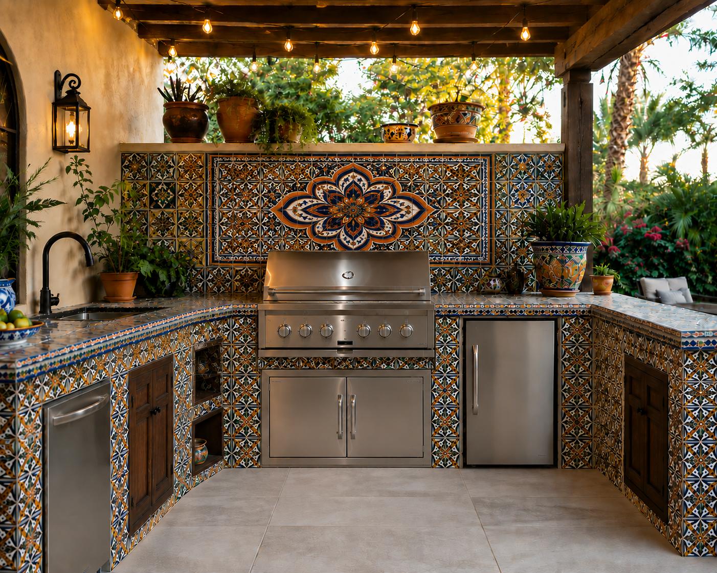 Outdoor kitchen with Mexican decorative tiles, stainless steel grill, patterned tile backsplash, and Mediterranean-style patio design